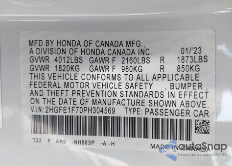 2023 Honda Civic Ex from USA, damaged, VIN 2HGFE1F70PH304569